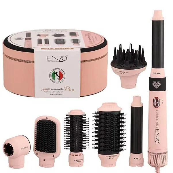 سشوار برس دار حالت دهنده انزو پروفیشینال مدل EN-4133 PRO با توان 1500 وات، موتور DC، تنظیمات دما سه حالته، تنظیم سرعت دو سرعته، فرکنندگی، صاف‌کنندگی، خشک‌کنندگی قوی، حجم‌دهندگی، همراه با سری شانه‌دار